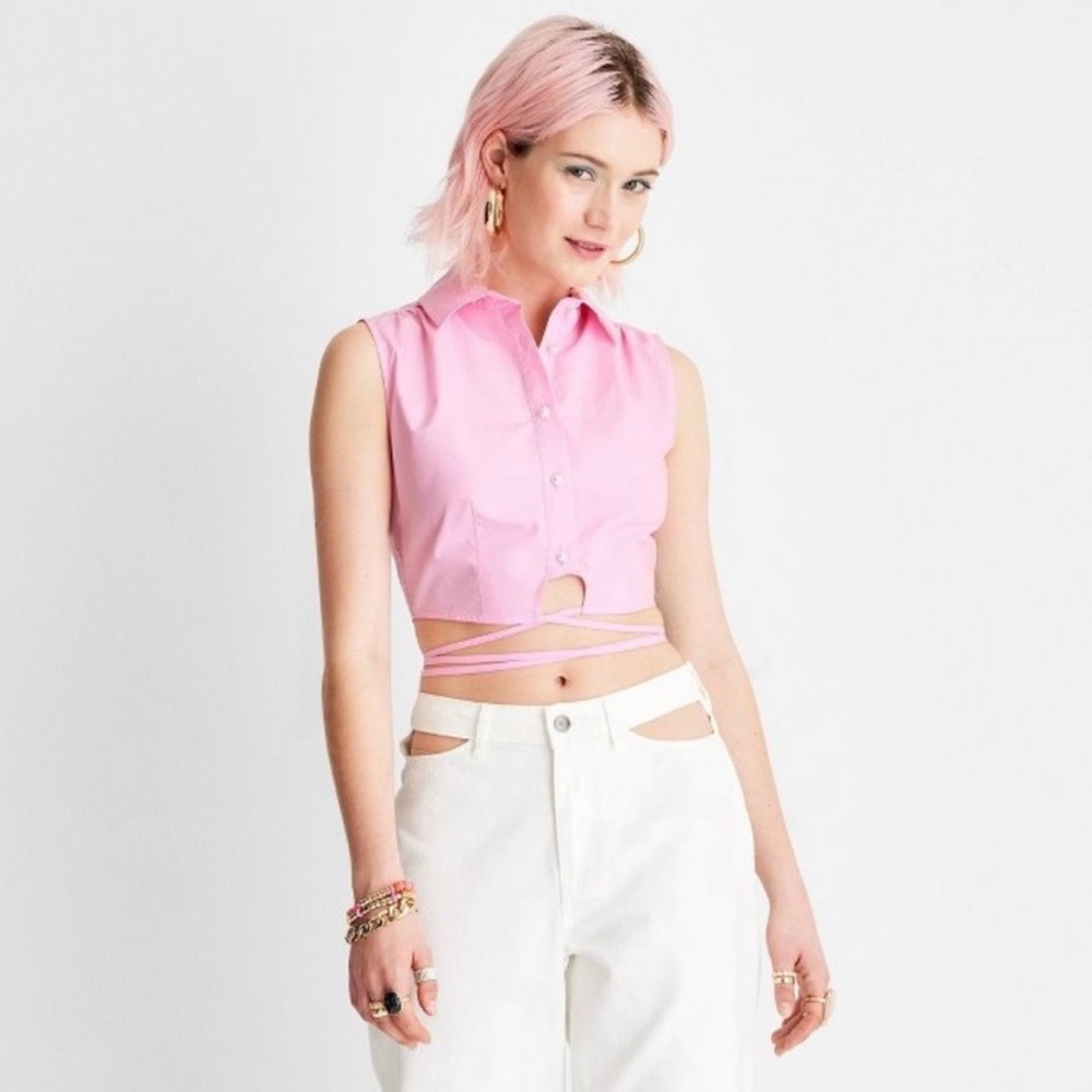 Future Collective Pink Button-Up Cross Tie Crop Top